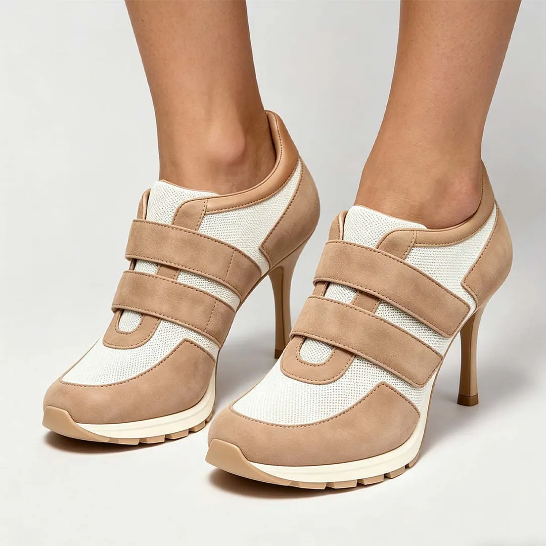 Beige and White Mesh Vegan Suede Closed Toe Velcro Stiletto Sneakers