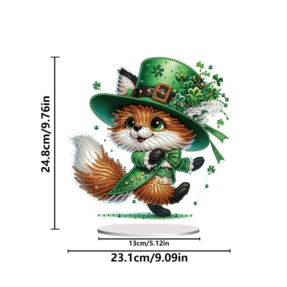 DIY Acrylic St. Patricks Day Fox Special Shape Diamond Painting Tabletop Ornament Creative Home Decor & Gift Idea for Adults - Relaxing Craft Activity