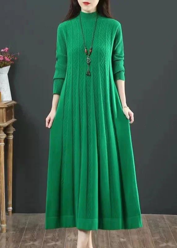 Classy Green Hign Neck Wrinkled Patchwork Knit Long Dress Winter
