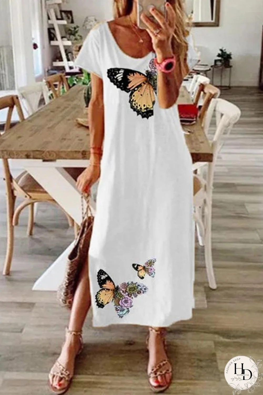 Casual Butterfly Printed Short Sleeve Maxi Dress P10468