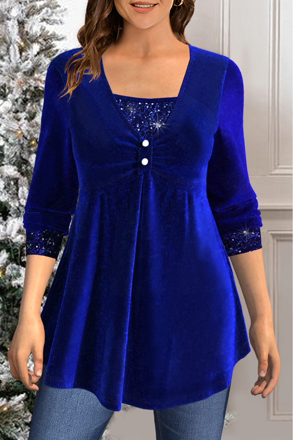 Flycurvy Plus Size Dressy Royal Blue Christmas Sparkly Sequin Button Ruched Tunic 2 in 1 Blouse 2024 - Flycurvy 