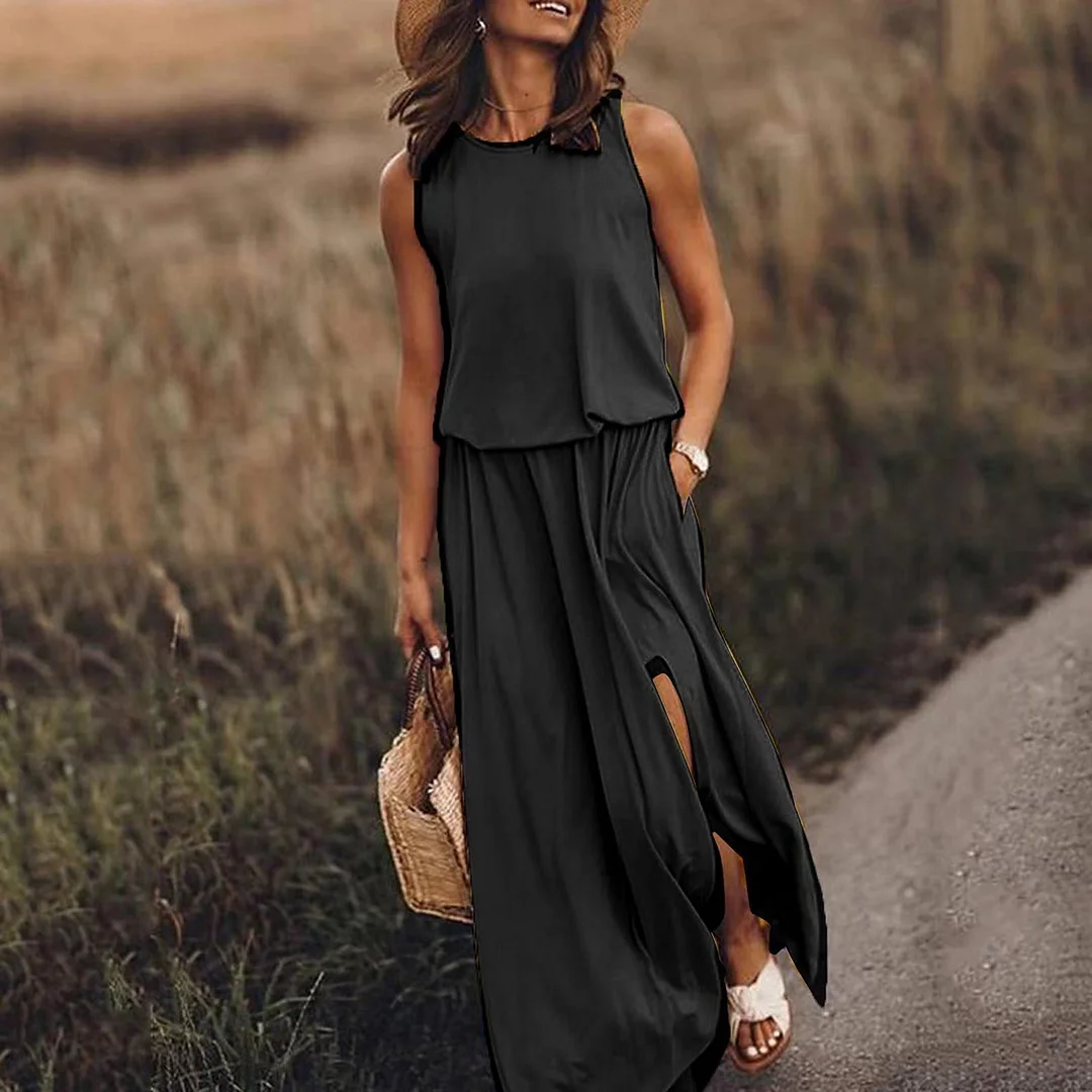 Slit Round Neck Sleeveless Long Dress For Women