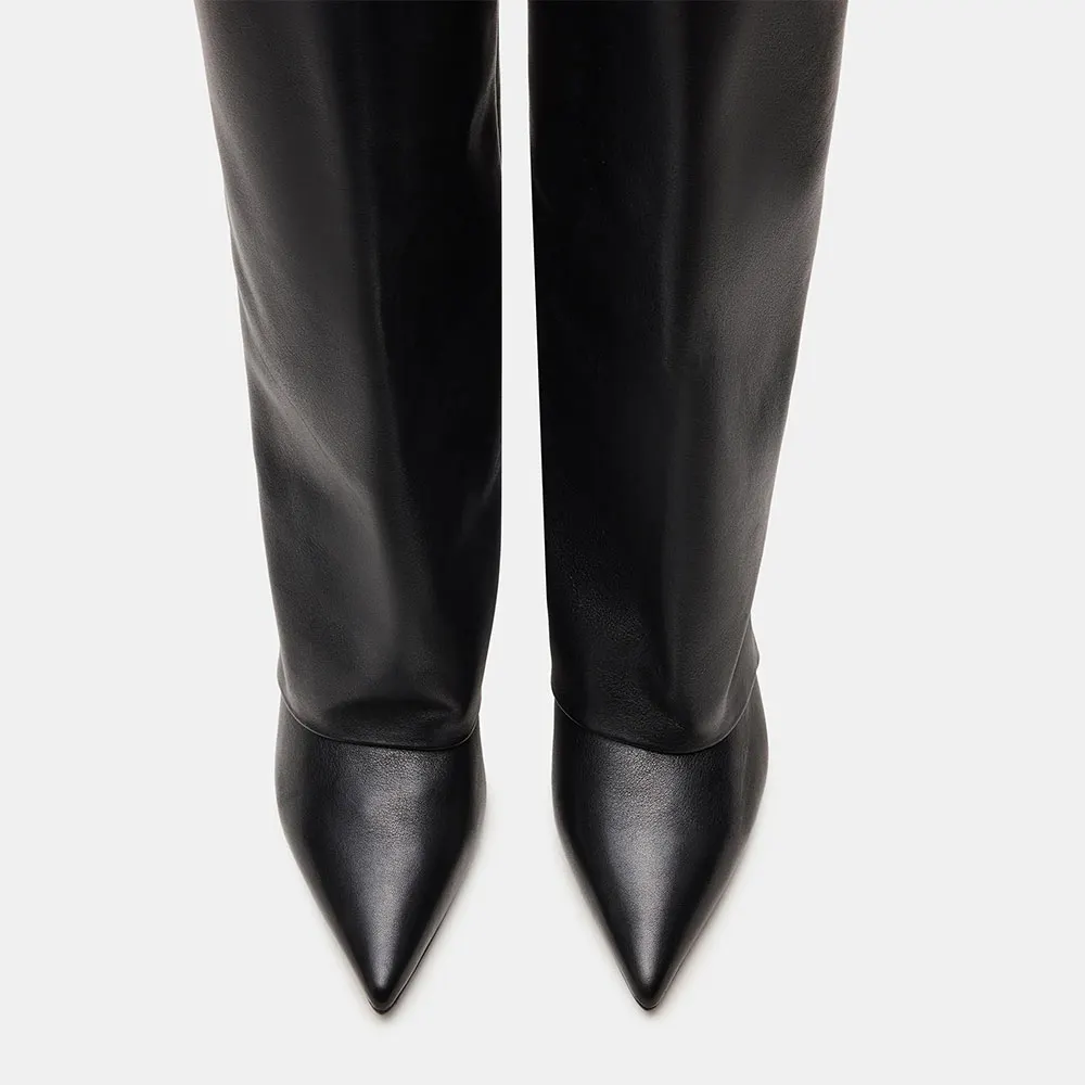 Black Faux Leather Pointed Toe Kitten Heel Knee High Boots for Women