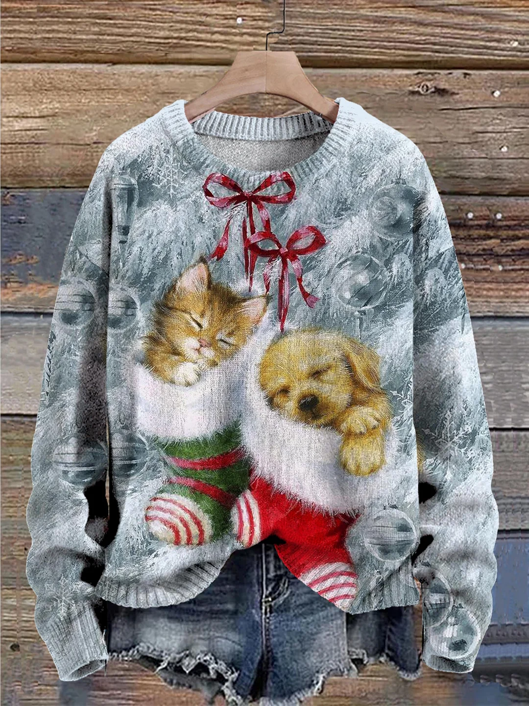 Cute Christmas Dog Cat Art Pattern Print Casual Knit Pullover Sweater