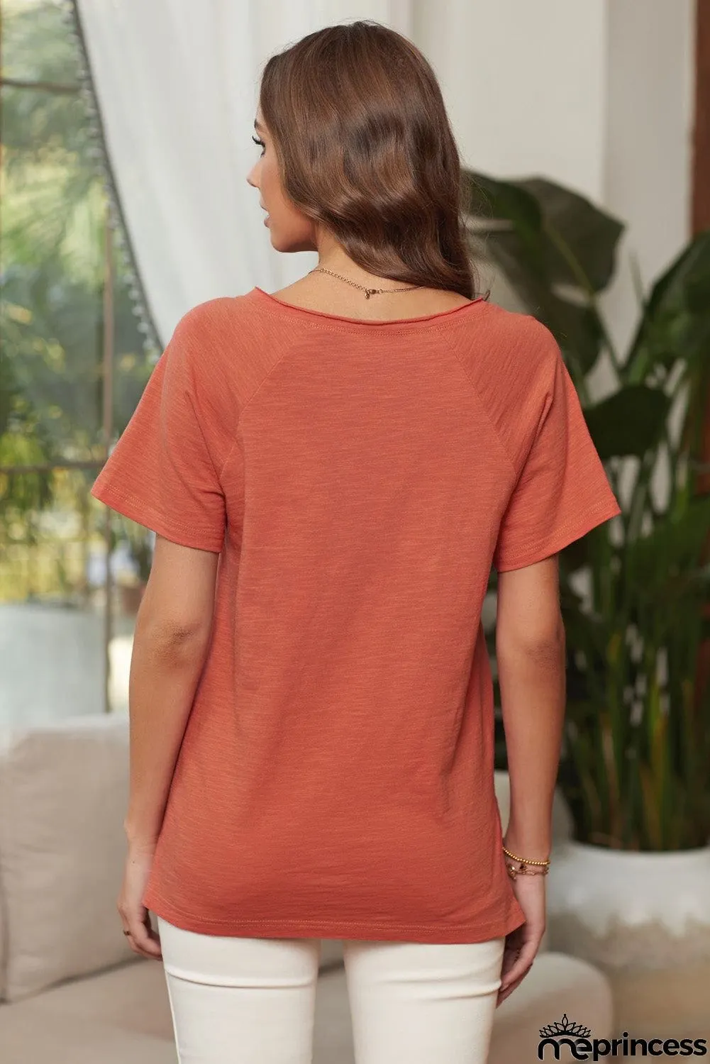 Orange V Neck Short Sleeves Front Pocket and Side Slits Cotton Blend Tee