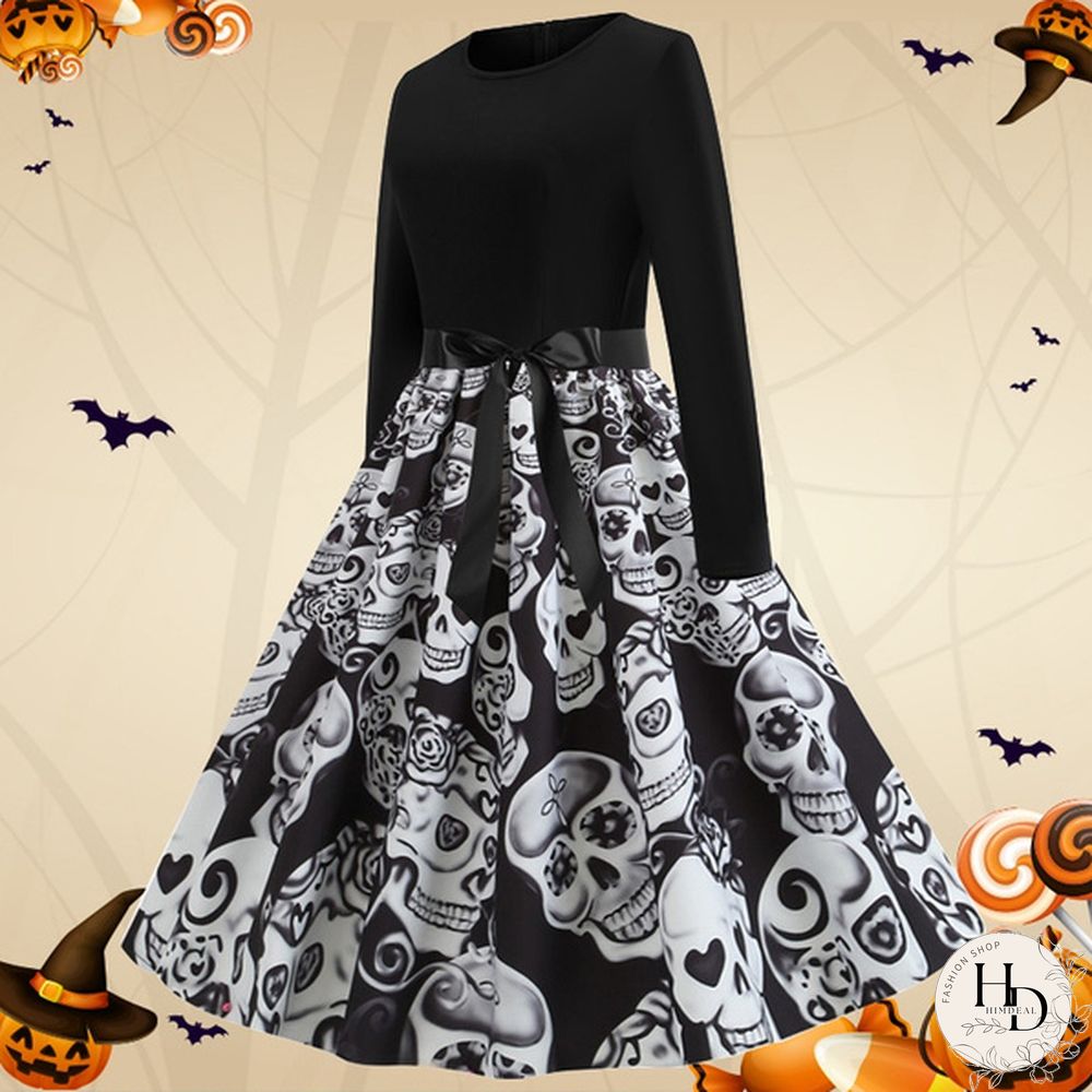 8 Colors Halloween Pumpkin Ghost Skull 3d Print Dresses Santa Claus Christmas Tree Printed Flared Swing Dresses Long Sleeve Ruched Gown Dress Xmas Festival Vestido de Mujer