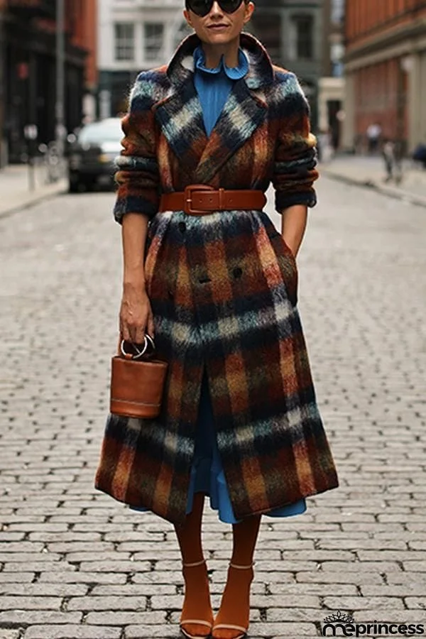 Retro Plaid Lapel Midi Outerwear