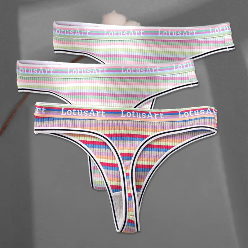 FINETOO 3Pcs/set Women Rainbow Thongs M-XL Cotton Panties Comfortable Striped T-Back Underwear Ladies Soft G-string Lingerie New