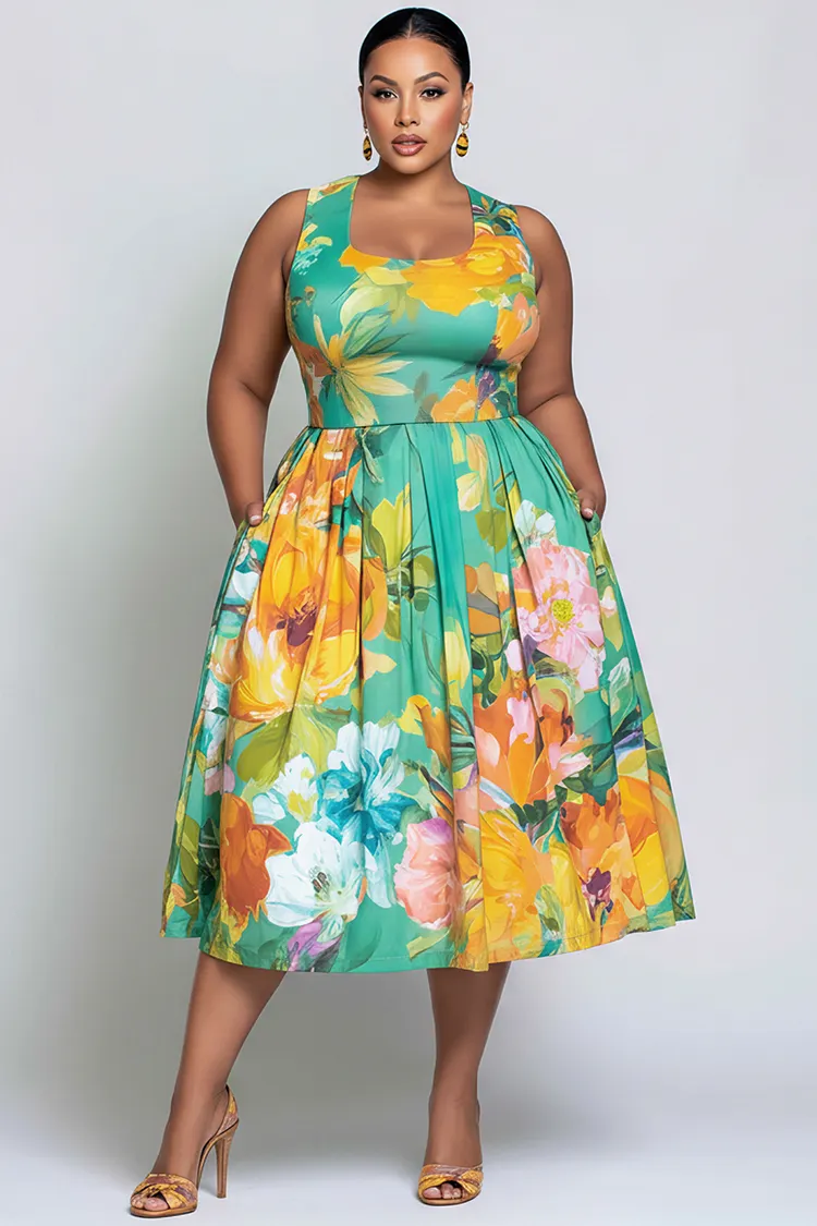 Xpluswear Design Plus Size Vacation Multicolor Floral Square Neck Pocket Midi Dresses [Pre-Order] 2024 - Xpluswear
