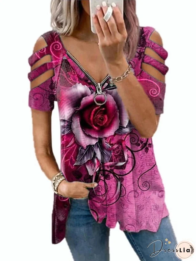 Women Tops T-Shirt Hollow-Out Shoulder Short Sleeve Casual Blouse Shirts Flower Print V-Neck Zipper Shirt