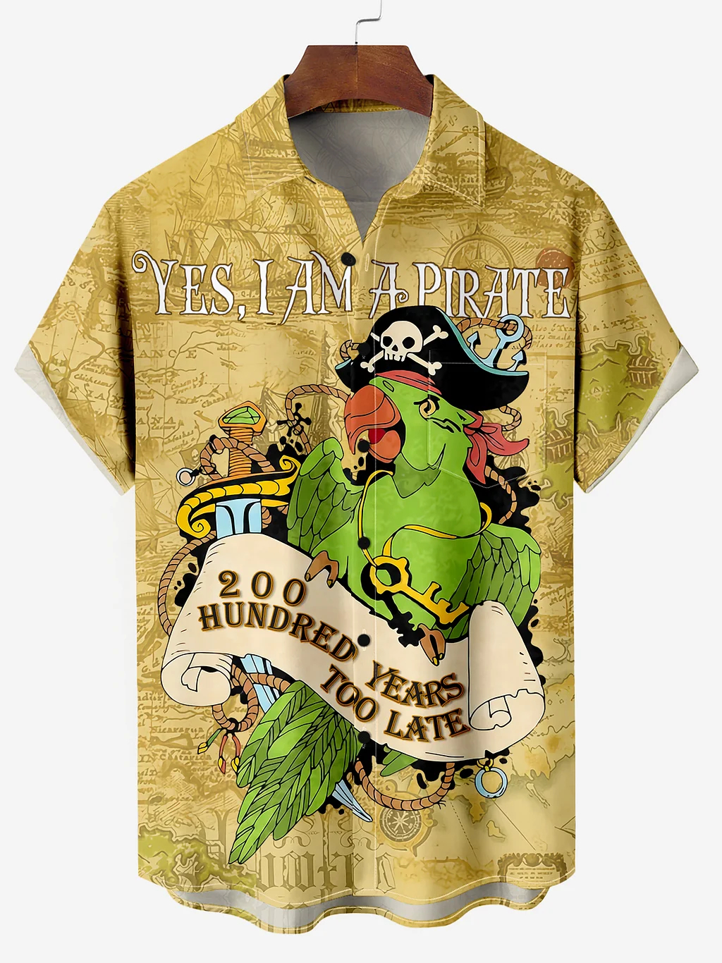 Men's Comfortable Hawaiian Island Parrot Pirate Mr. Map Print Shirt PLUSCLOTHESMAN