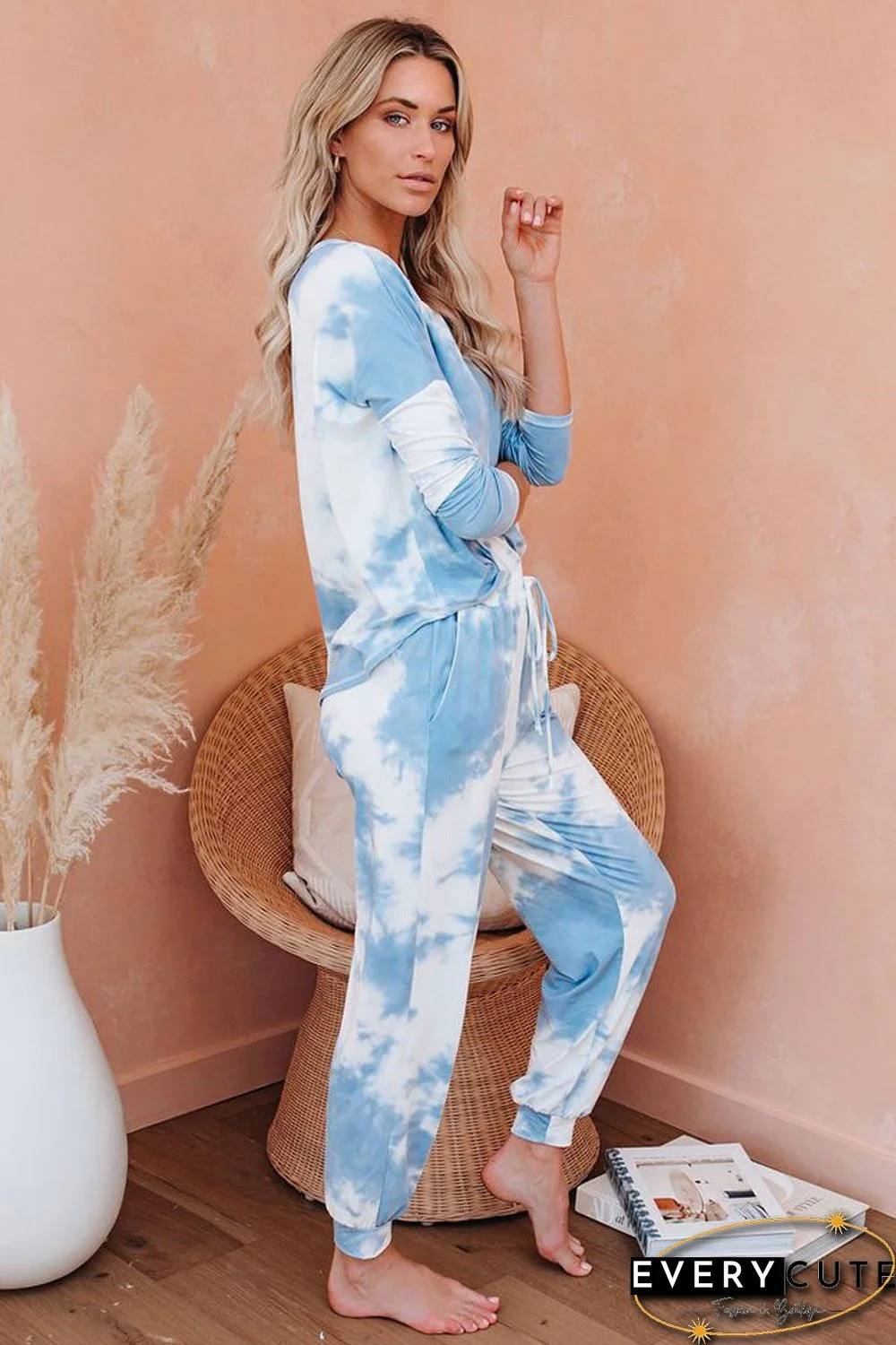 Sky Blue Tie Dye Knit Long Sleeve Joggers Set