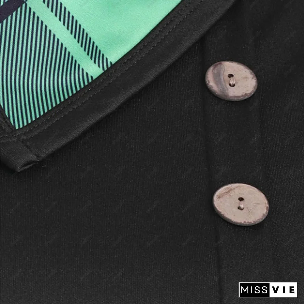 Lapel Button Decor Plaid Splice Irregular Dress