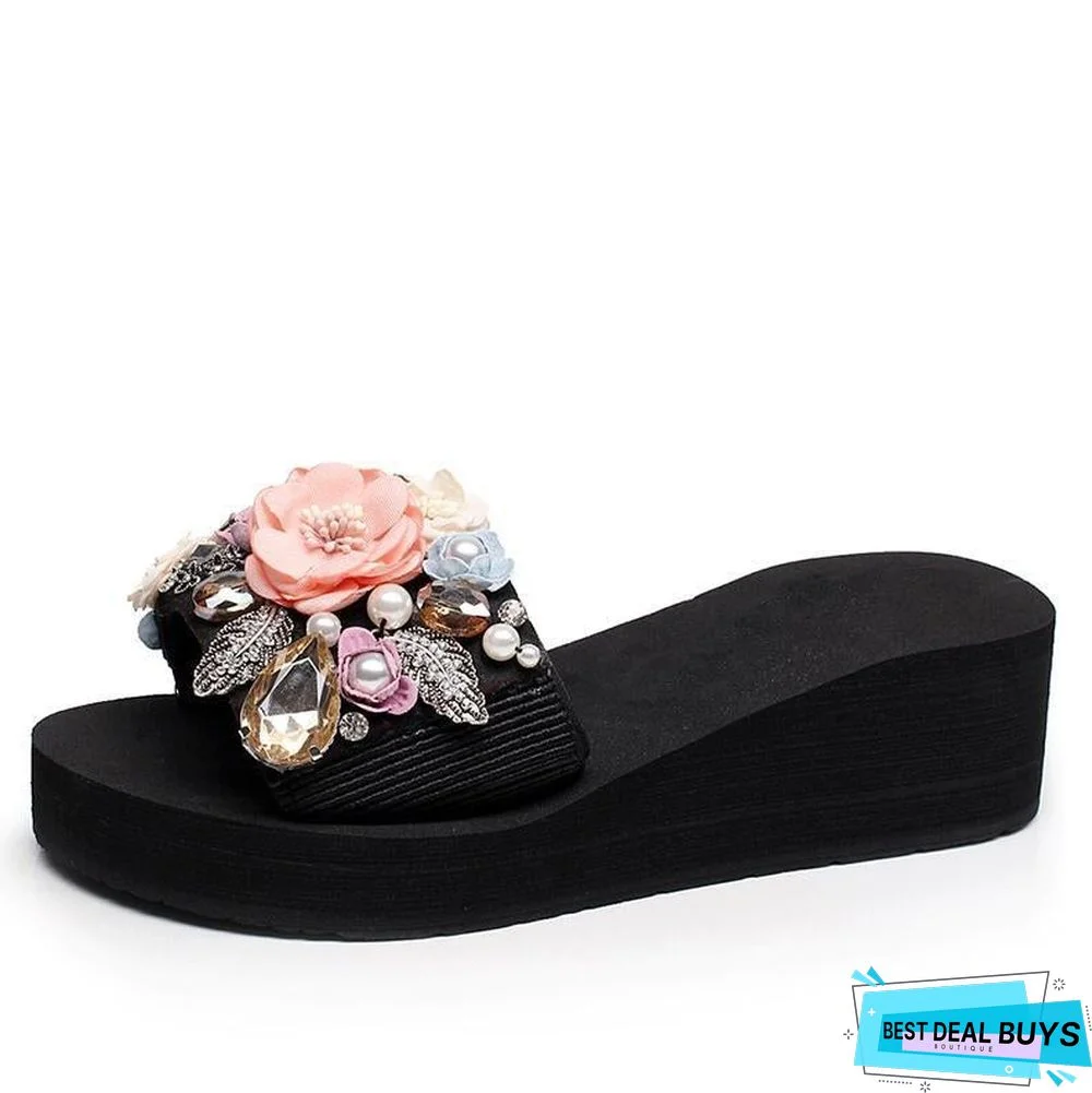 Women Crystal Auger Pearl Flower Platform Sandals Beach Slippers Shoes