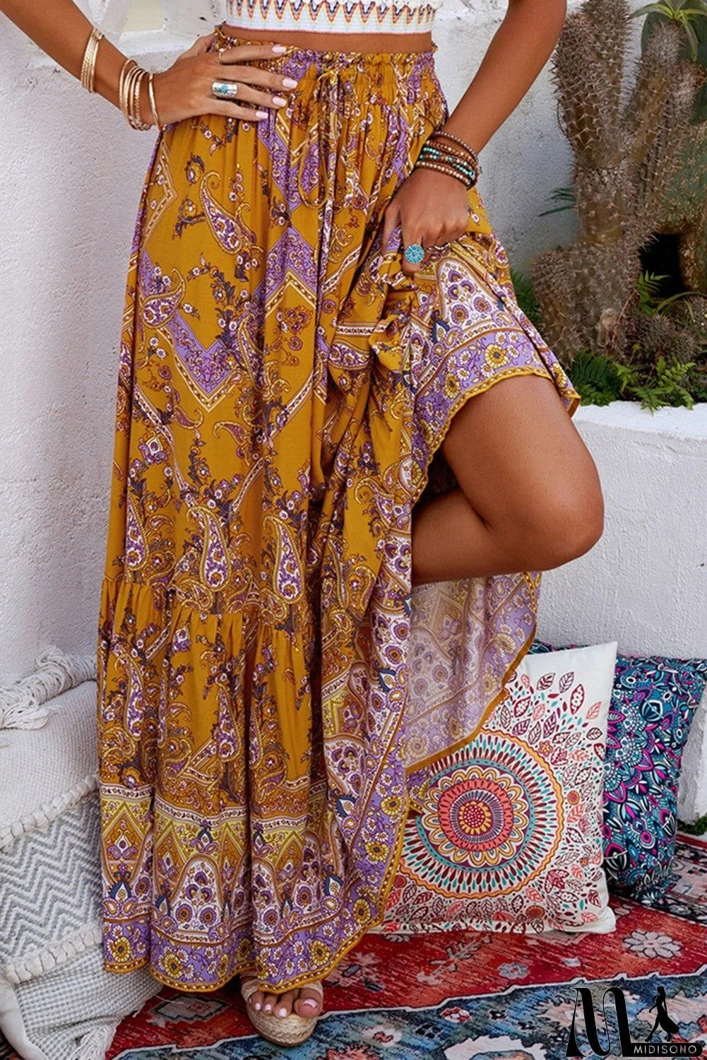 MidiSono - Orange Boho Floral Maxi Skirt