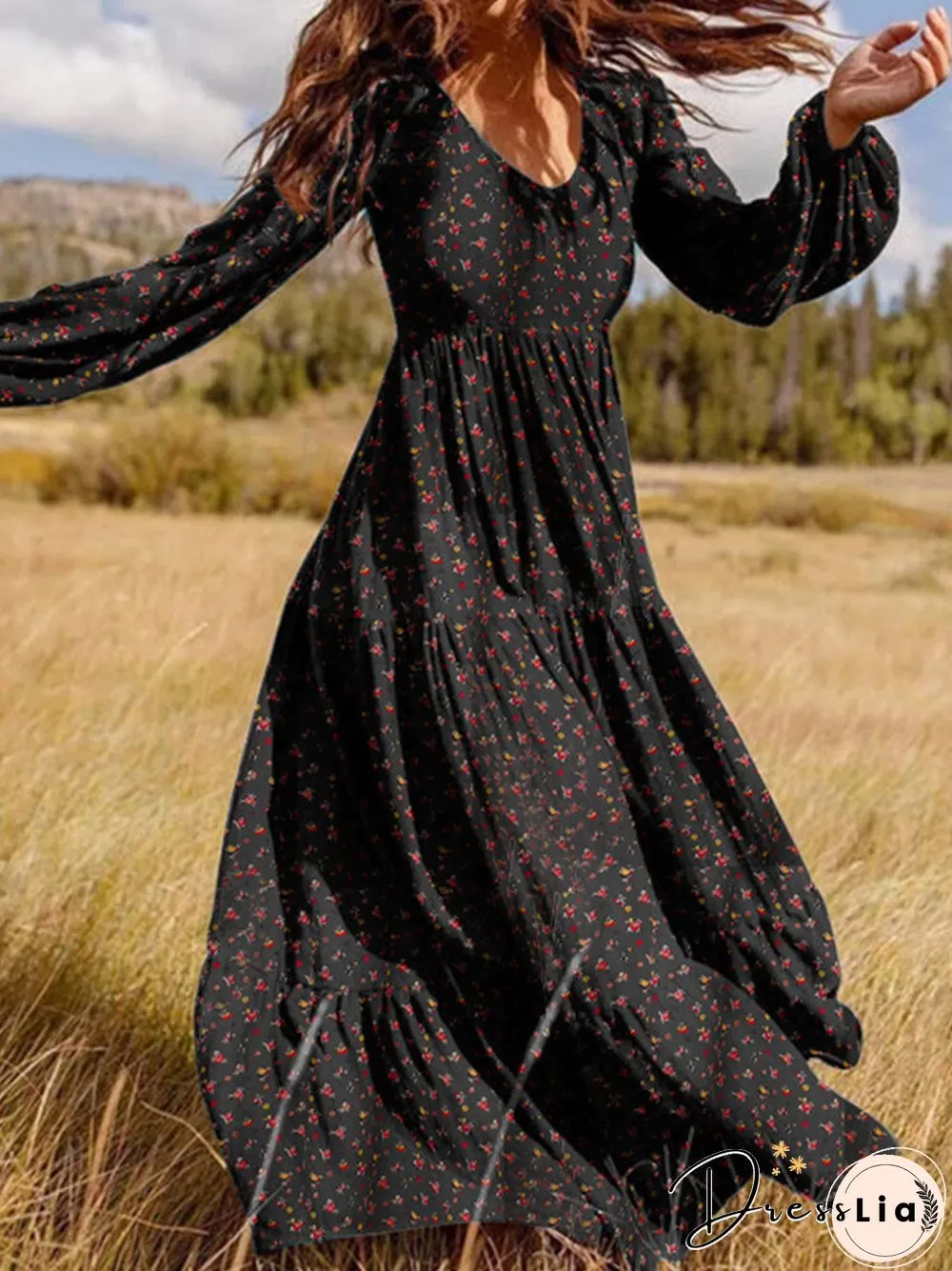 Floral Print Long Sleeves V-neck Casual Dress for Women