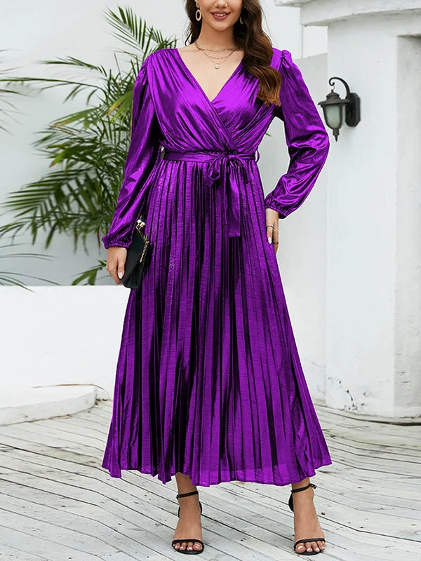 Bronzing Elasticity Pleated Solid Color Tied Waist High Waisted Long Sleeves Deep V-Neck Maxi Dresses