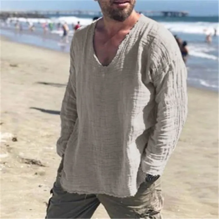 2026 European and American Men's Youth Linen Casual Loose V Wash Water Fur-trimmed Long Sleeved Shirt Personality Street T-shirt