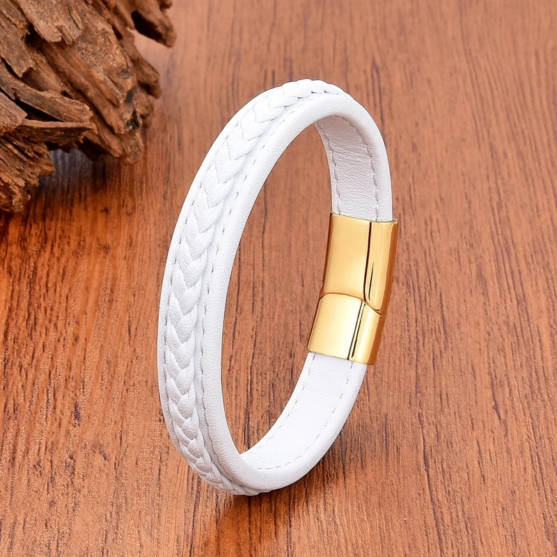 Minimalist Classic Style Commute Solid Color 316L Stainless Steel Leather Rope Unisex Bracelets