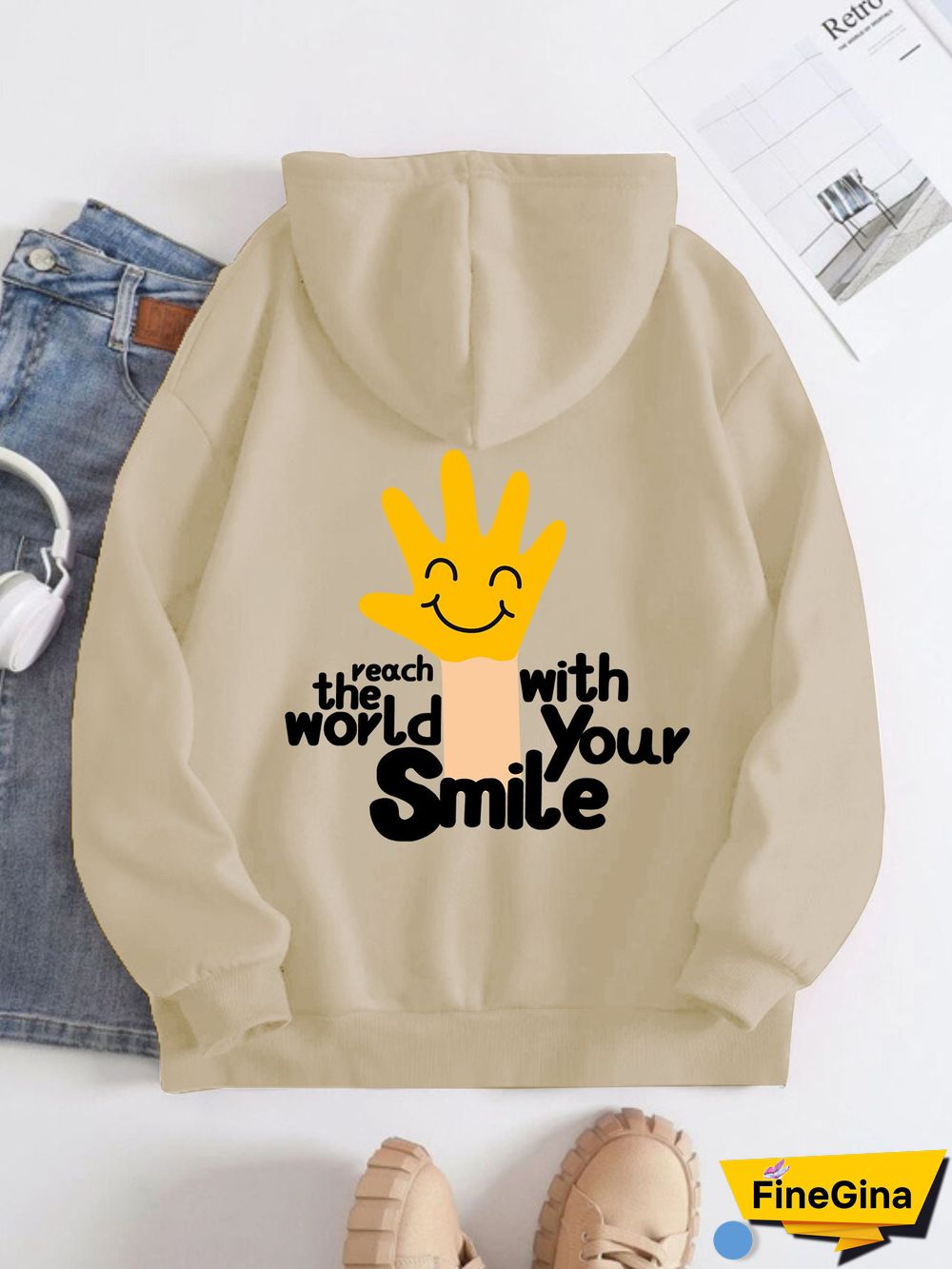 Printed on the Back Kangaroo Pocket Hoodie Long Sleeve for Women Pattern Touch the World with Your Smile