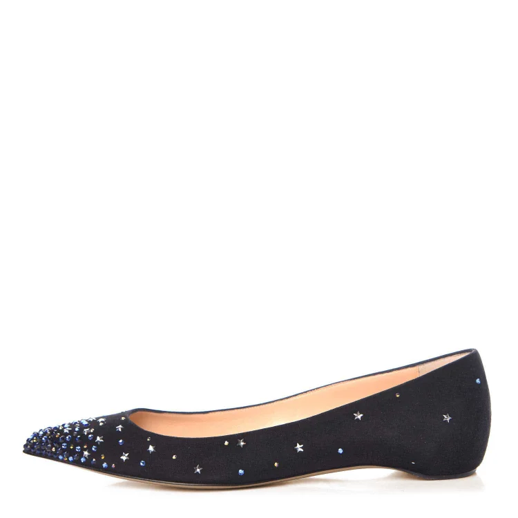 Women's Rhinestone and Stars Embellished Pointed Toe Flats in Black |FSJ Shoes