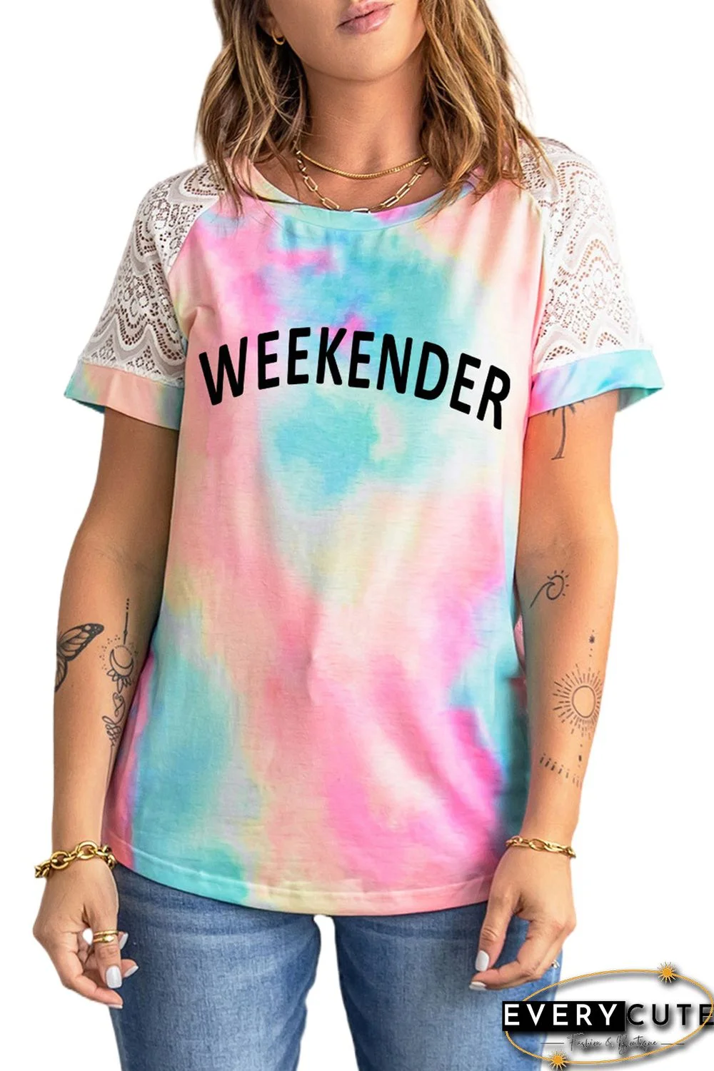 Multicolor WEEKENDER Tie-dyed Print Lace Short Sleeve T-shirt