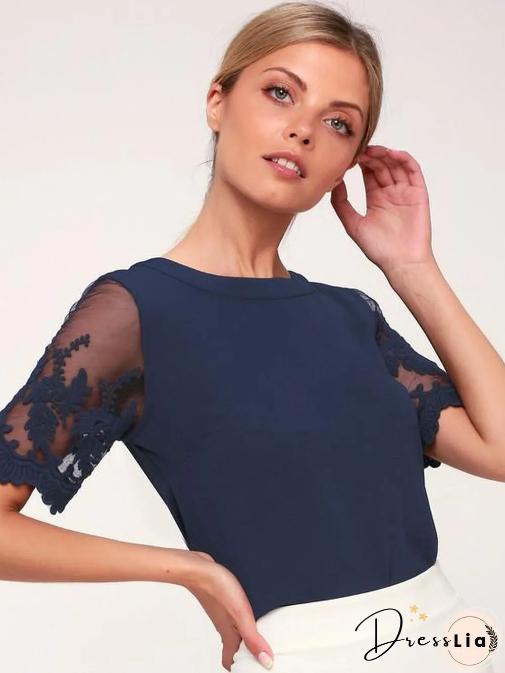 Pink Short Sleeve Floral Embroidered Office Lace Top