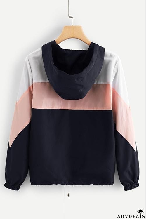 Color Block Drawstring Hoodie Coat