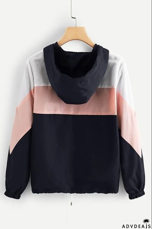 Color Block Drawstring Hoodie Coat