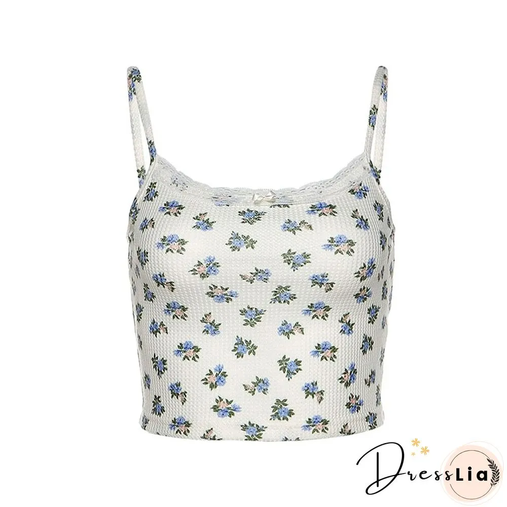 Womens Floral Camisole Y2k Lace Slim Backless Sleeveless Crop tops Kawaii Korean Fashion