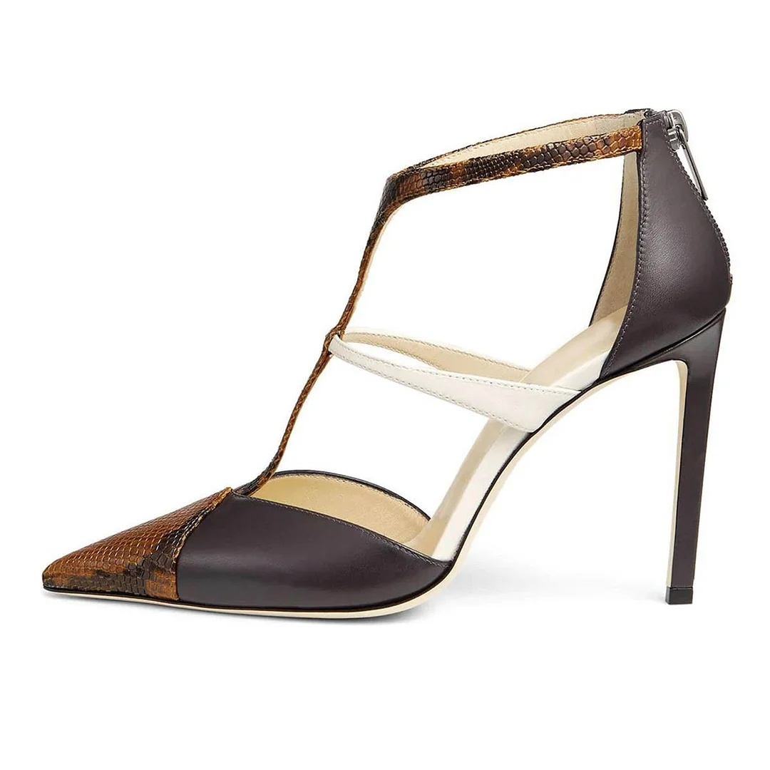 Chic Python Patchwork Pointed Toe T Strap Stiletto Heel Pumps Shoes
