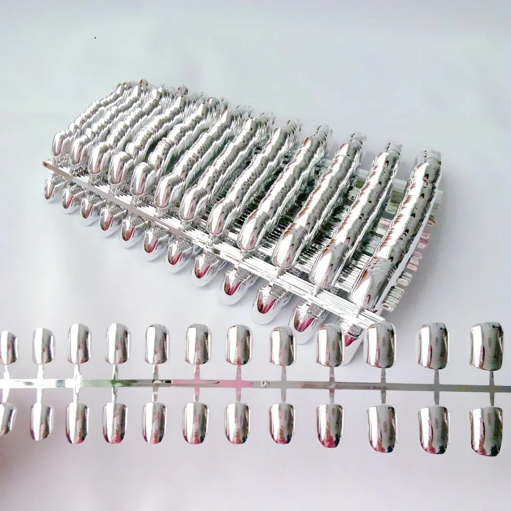 50Sets Wholesale Metal Silver Acrylic False Nail Tips Artificial Short Fake Nails For Design DIY Nail Art Manicure Tools