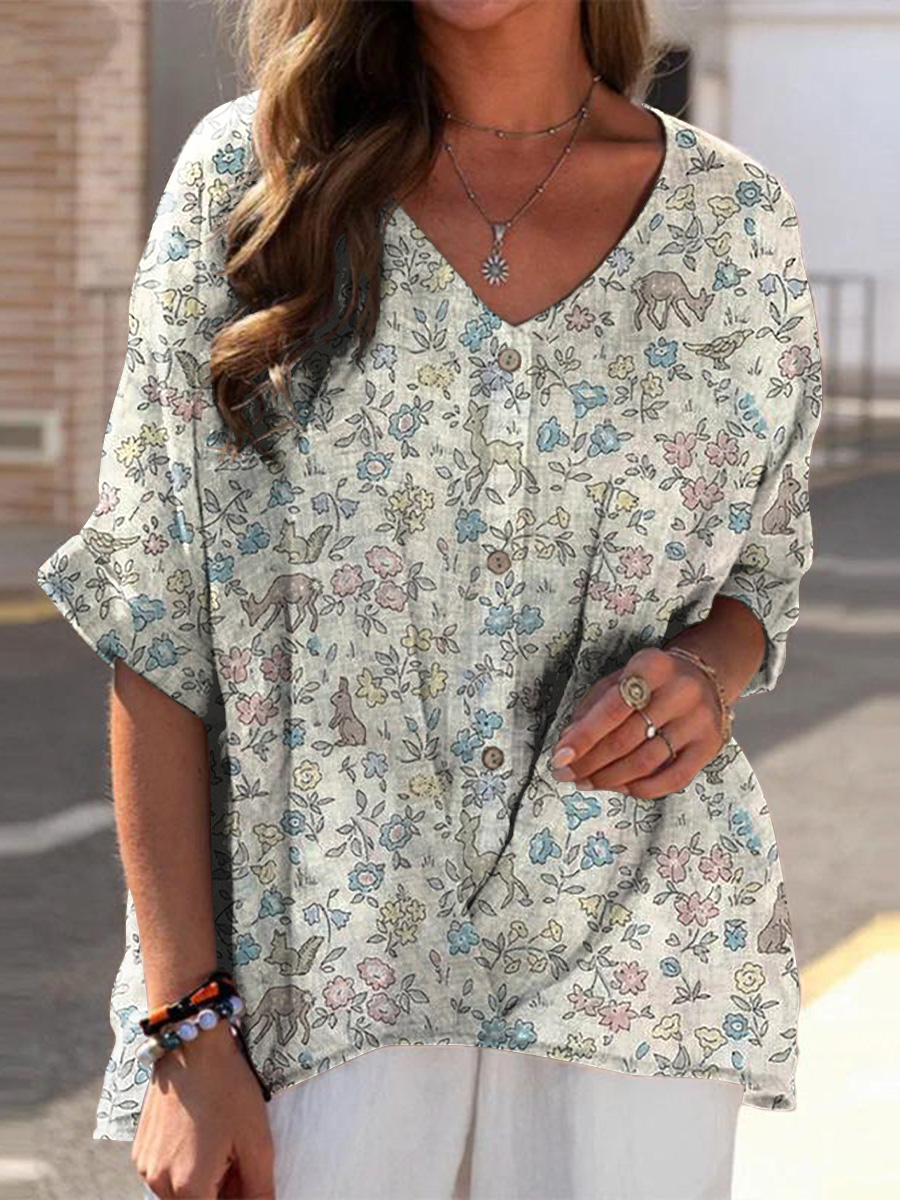Retro Style Sweet Woodland Pattern Printed Women's Casual Linen V-neck Shirt
