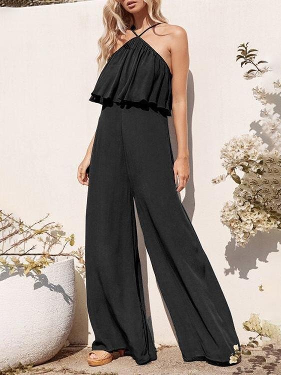 Casual Solid Sleeveless Halter Jumpsuit