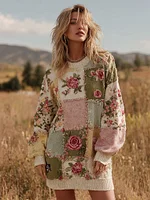 Women's Floral Patchwork Art Cozy Knit Mini Sweater Dress