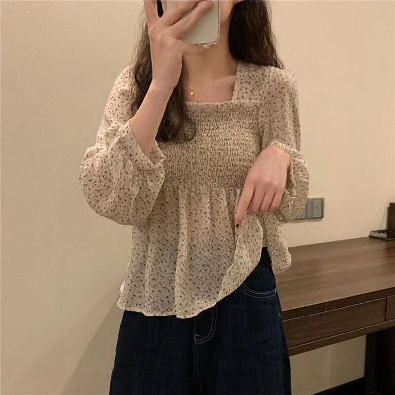 tlbang Women Sweet Korean Style Lovely Ladies Simple Lantern Sleeve Ruffles Popular Square Collar Thin Prairie Chic Holiday Tops