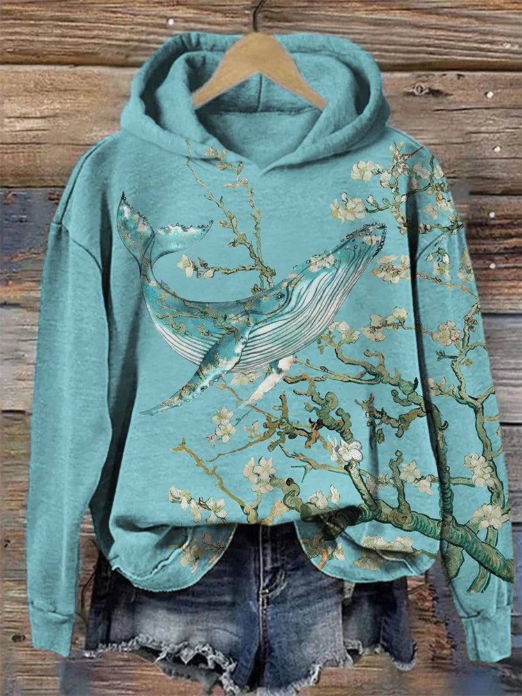 Comstylish Almond Blossom Inspired Whale Art Cozy Hoodie