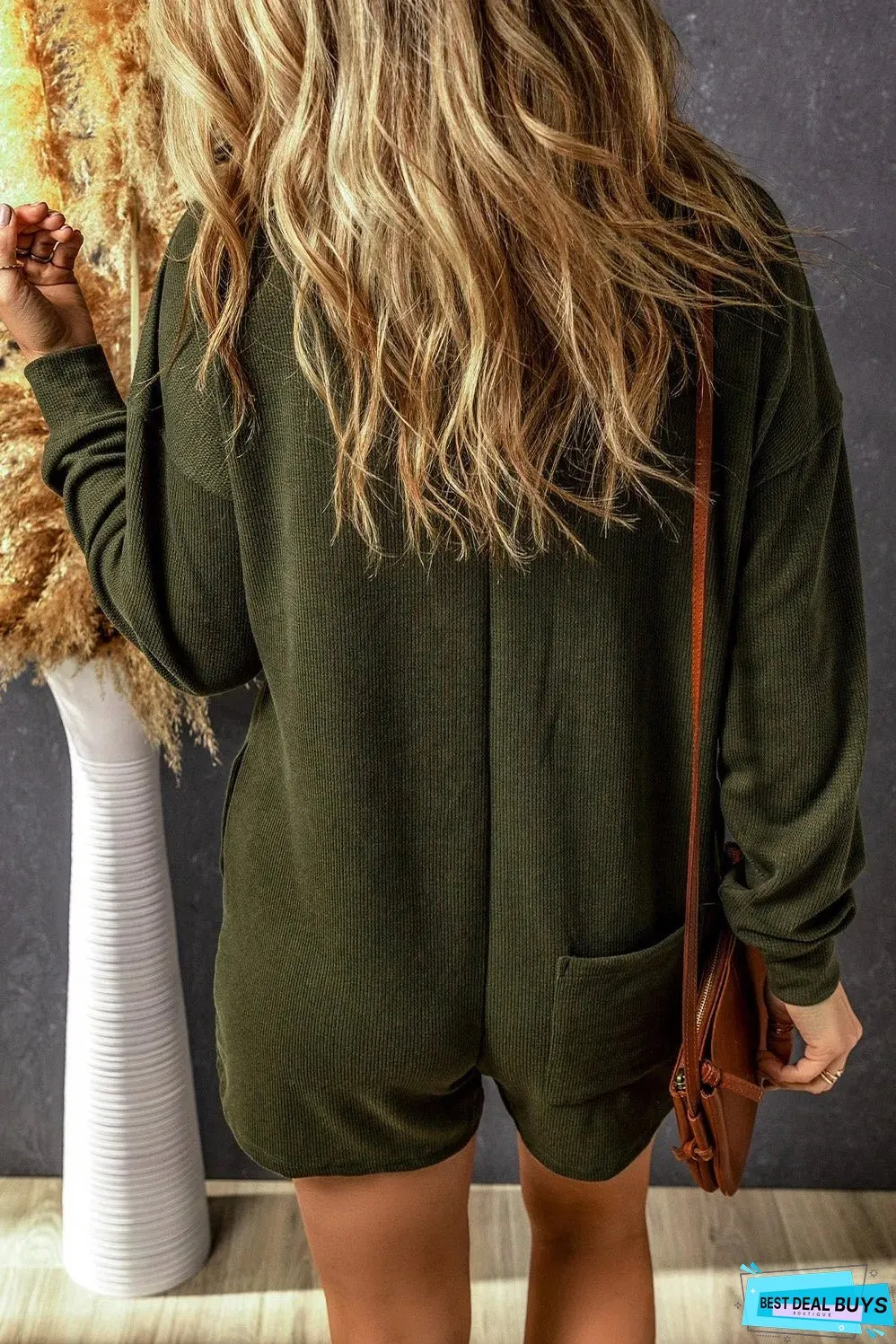 Dark Green Brushed Ribbed Button Split V Neck Long Sleeve Romper