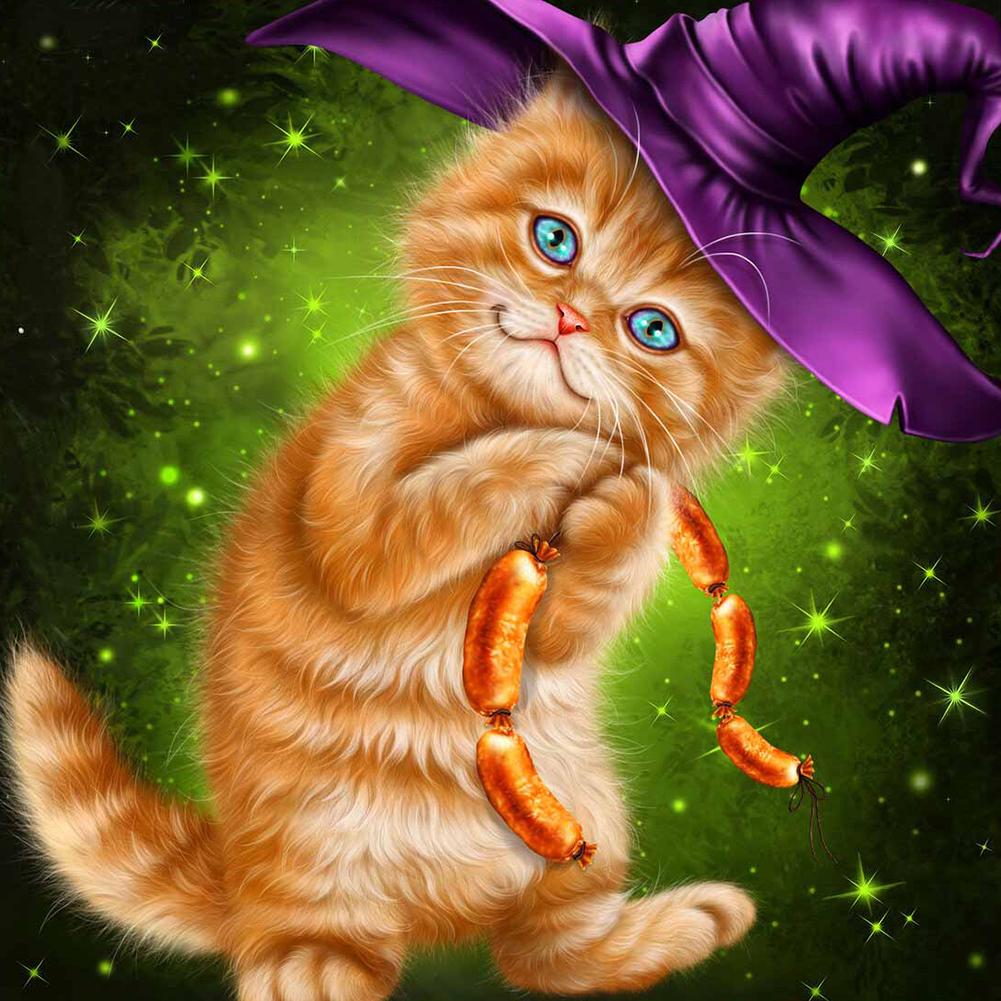 

30*30CM-Round Drill Diamond Painting-Halloween Cat, 501 Original