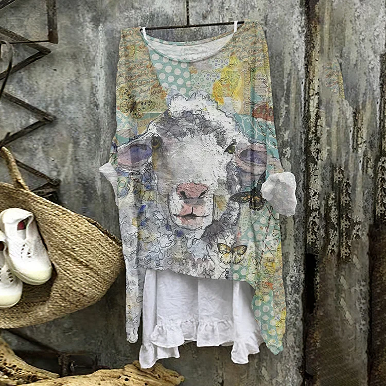 Sheep Print Crew Neck Loose Blouse