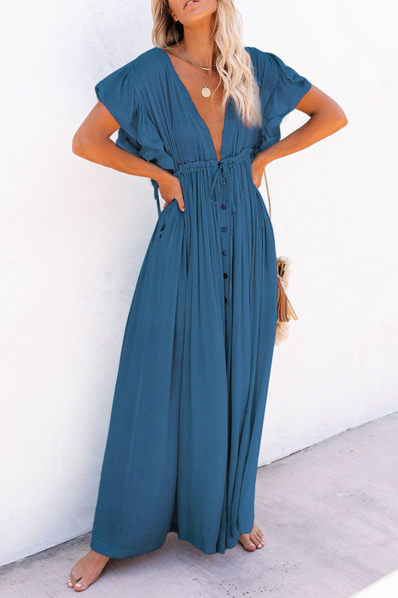 Elegant Solid Frenulum Buckle V Neck A Line Maxi Dresses(7 Colors)