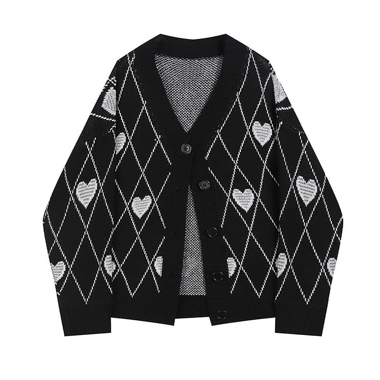 Grunge Heart & Argyle Pattern Cardigan - Gotamochi Kawaii Shop, Kawaii Clothes