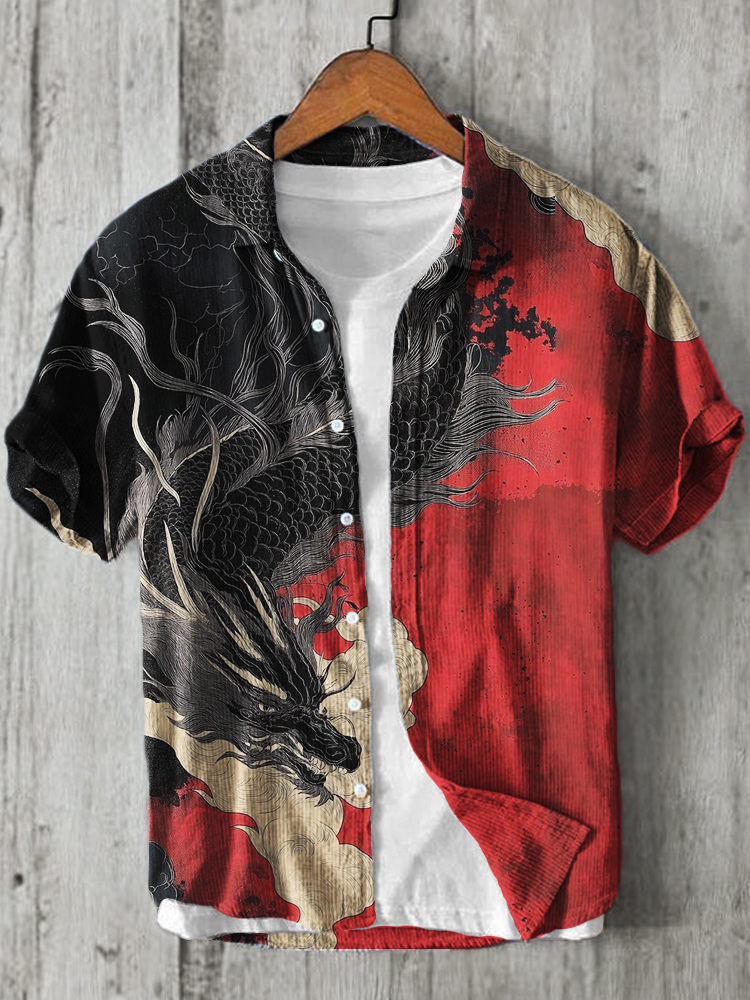 Ancient Dragon Japanese Contrast Color Art Linen Shirt