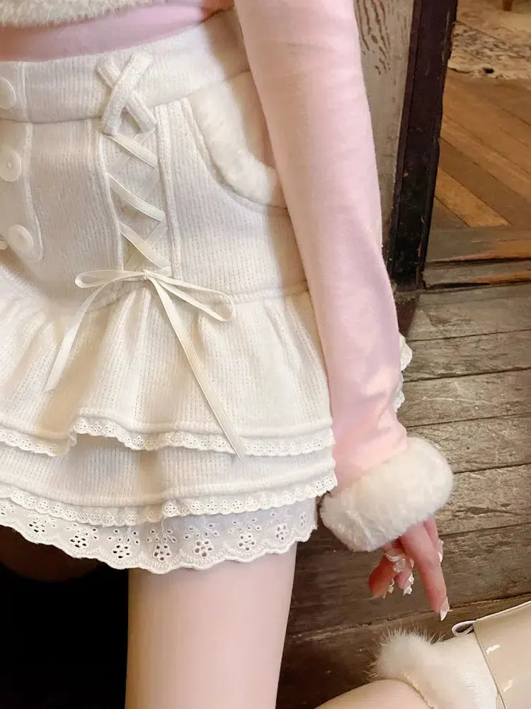 Brownm Ruffled Layered Lace Mini Skirt