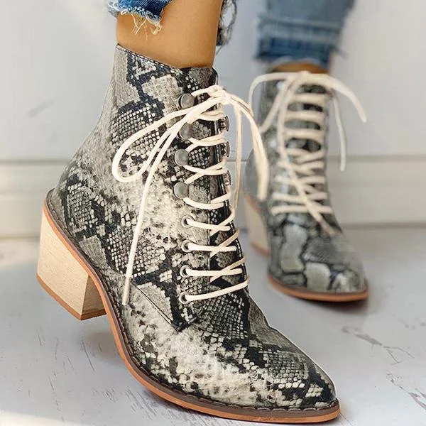 Pointed Toe Lace-up Snakeskin Chunky Heeled Boots