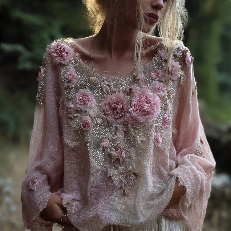 Boho Pink Flowers Fiber Art Glitter Beaded Flowy Linen Tunic