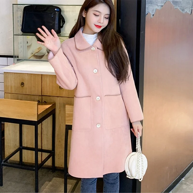 Fashion Women Casual Thin Coat Spring Autumn Elegant Fashion Long Sleeve Lapel Neck Woolen Trench Coat