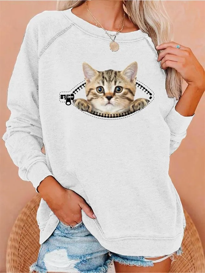 Fun Cat Print Ladies Round Neck Long Sleeve Sweatshirts