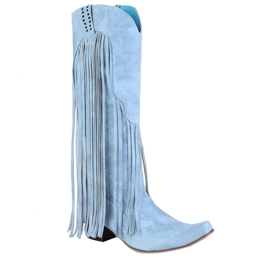 Qengg New Arrival Cowboy Western Long knee-high Boots Women Stacked Heeled Fringe Retro Casual Ridding Boots Autumn Shoes