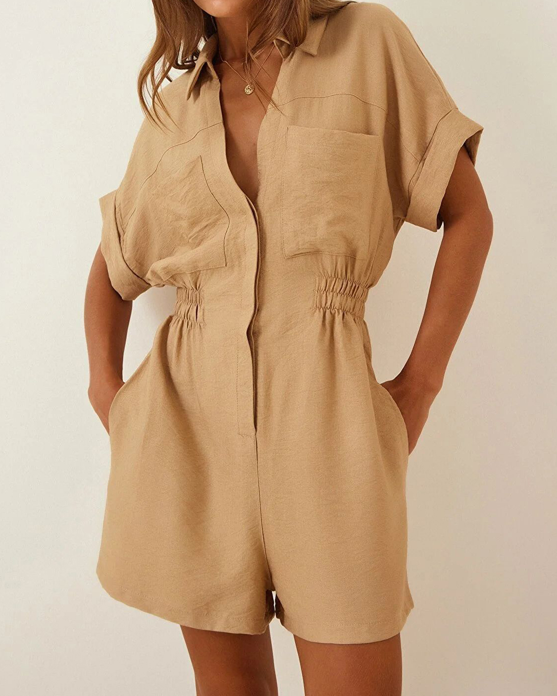 Shirt Collar Short Sleeve Chest Pockets Solid Color Jumpsuit
